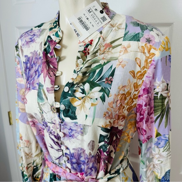ZARA mini dress BELTED FLORAL button up dress or tunic top simply CHIC BOHO M - Picture 4 of 15
